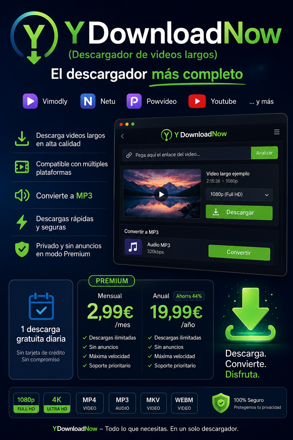 YDownloadNow — download long videos and movies from your browser